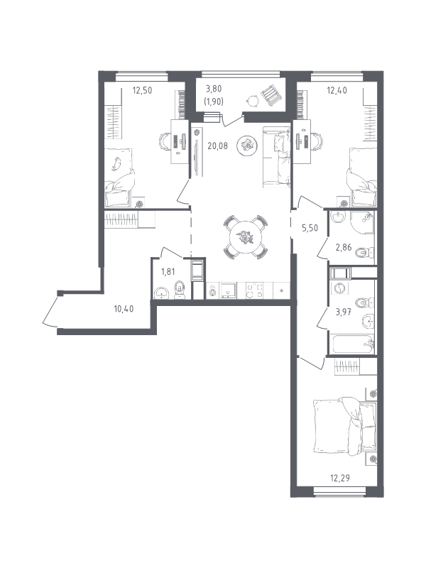 4 ккв (Евро) 83,7 м²