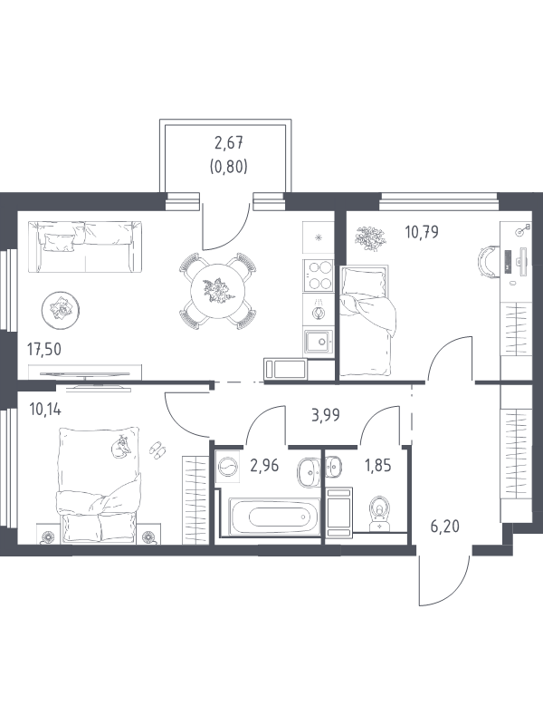3 ккв (Евро) 53,9 м²
