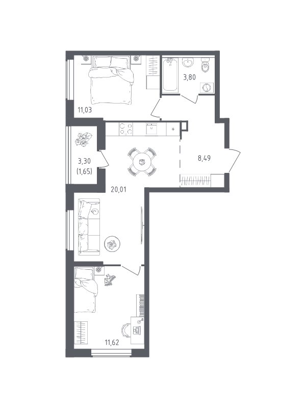 3 ккв (Евро) 56,6 м²