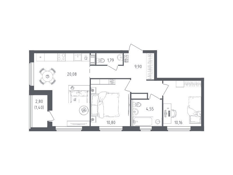 3 ккв (Евро) 58,7 м²