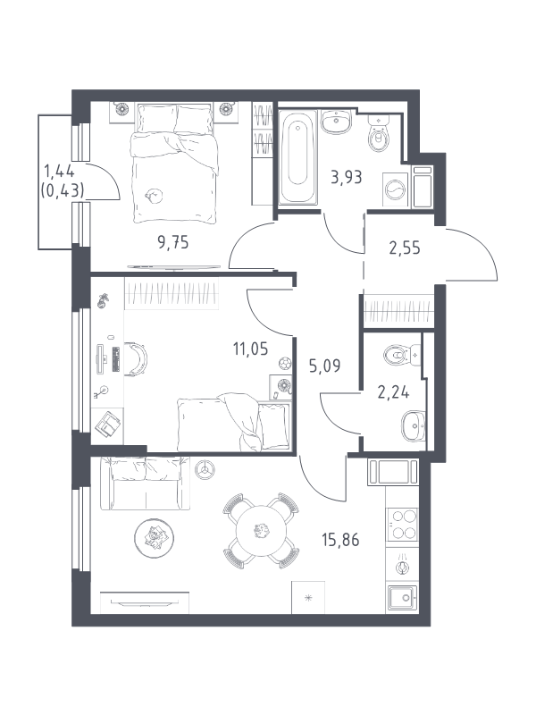 3 ккв (Евро) 50,9 м²