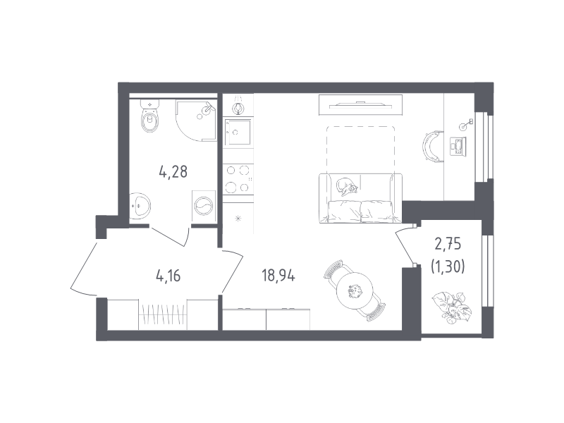Студия 28,7 м²