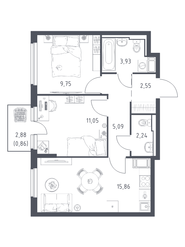 3 ккв (Евро) 51,3 м²
