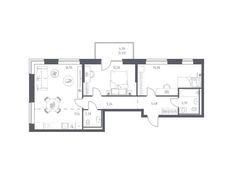 3 ккв (Евро) 68,8 м²