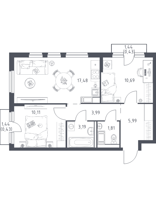 3 ккв (Евро) 54,1 м²