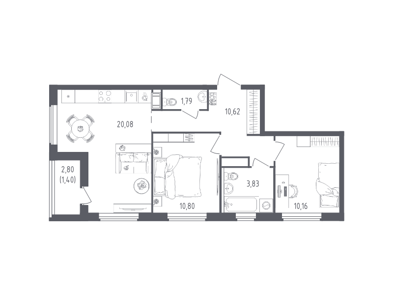3 ккв (Евро) 58,7 м²