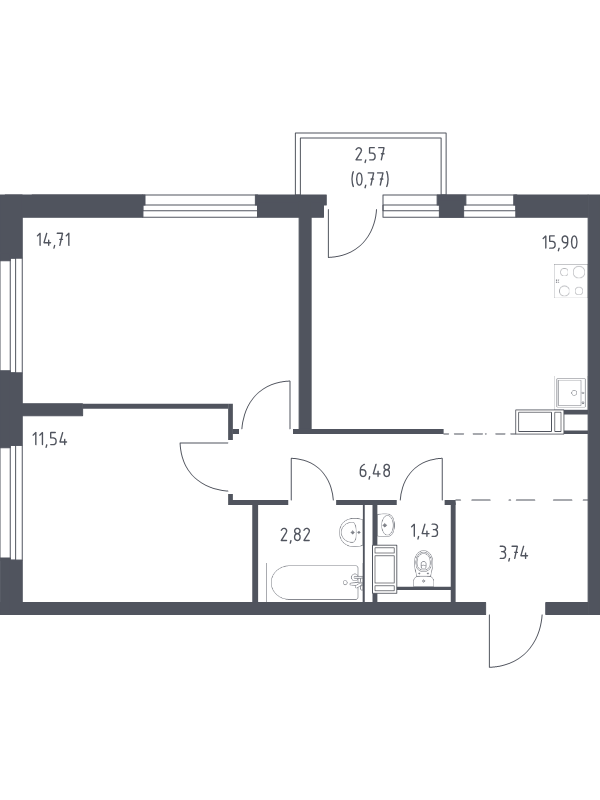 3 ккв (Евро) 57,4 м²
