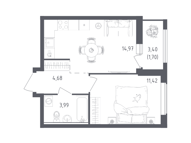 1 ккв 36,8 м²