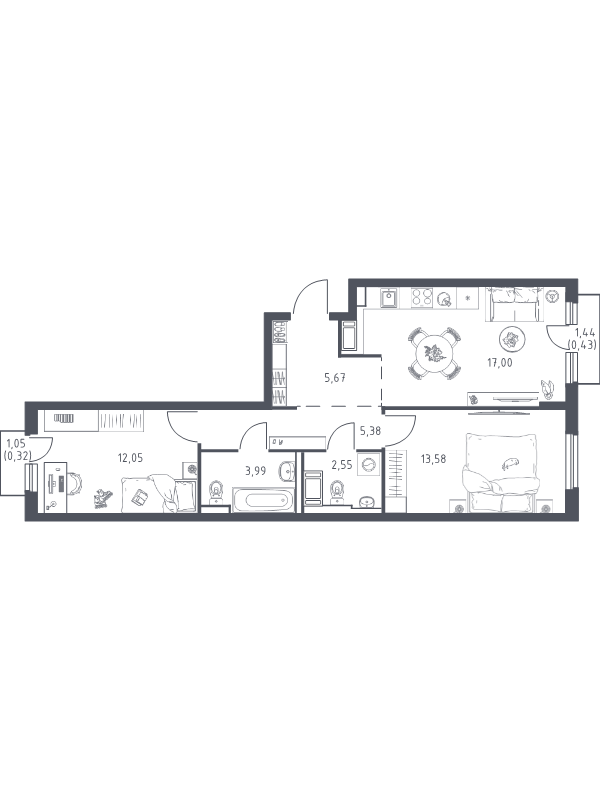 3 ккв (Евро) 61 м²