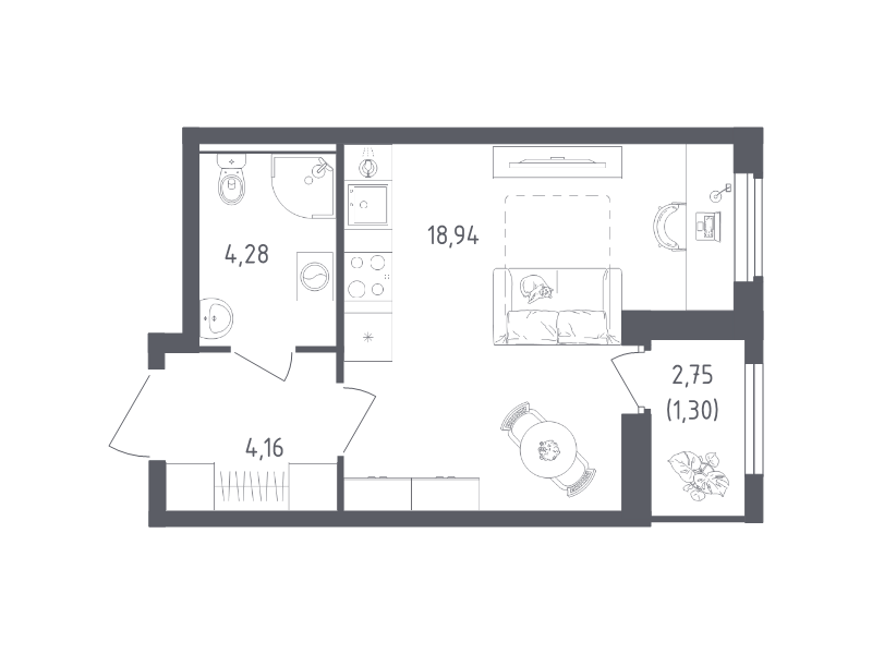 Студия 28,7 м²