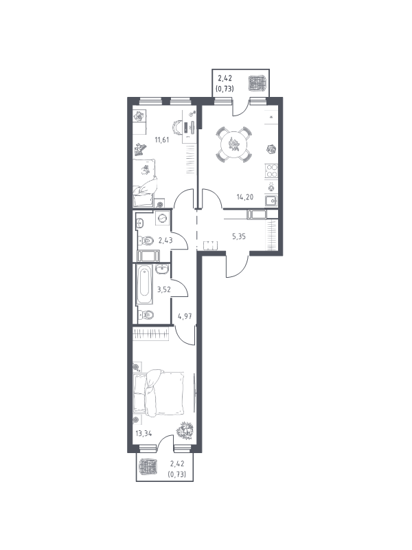 2 ккв 56,9 м²