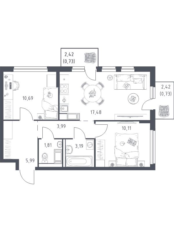 3 ккв (Евро) 54,7 м²