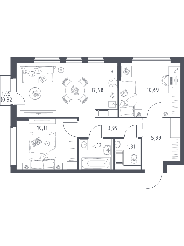 3 ккв (Евро) 53,6 м²