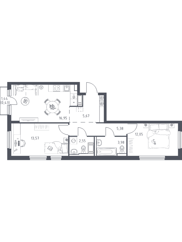 3 ккв (Евро) 60,6 м²