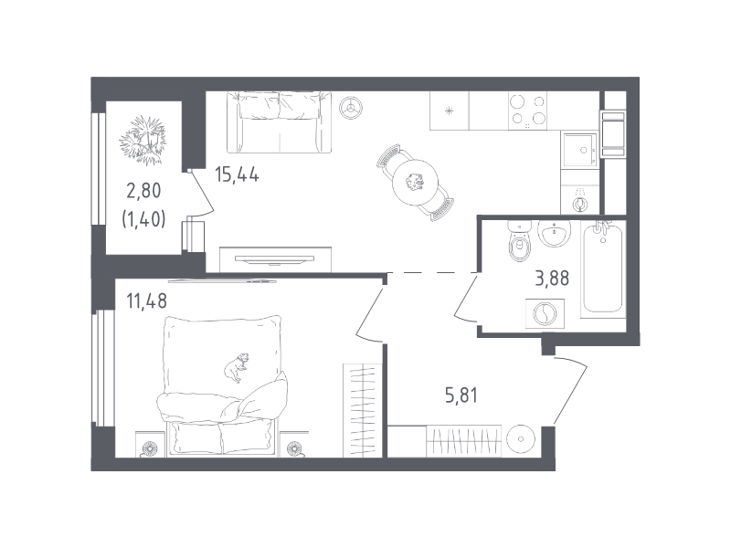 2 ккв (Евро) 38 м²