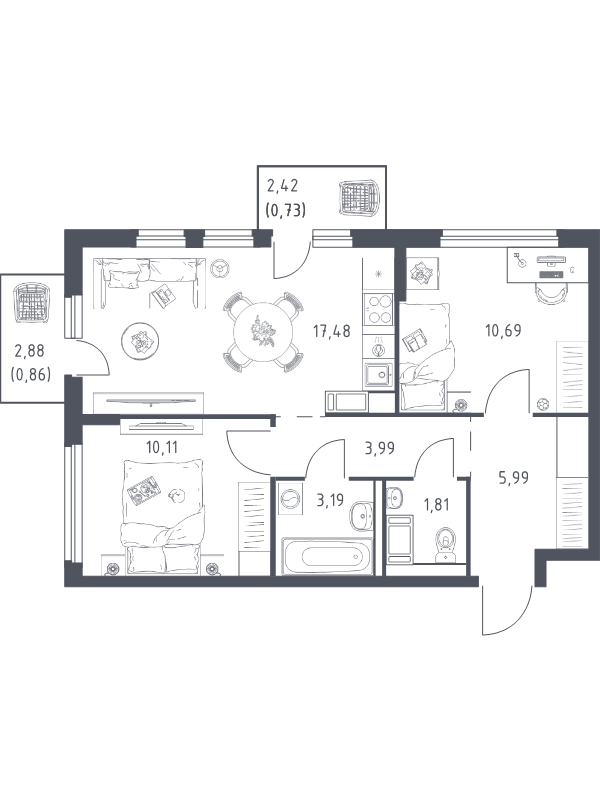 3 ккв (Евро) 54,9 м²