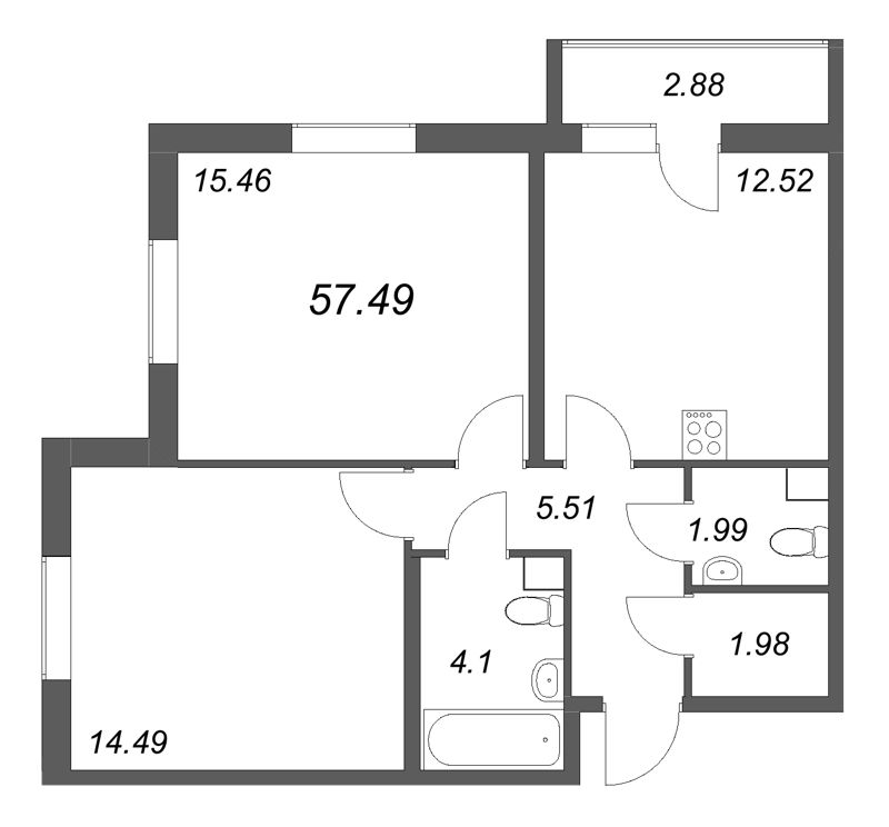 2 ккв 57,5 м²