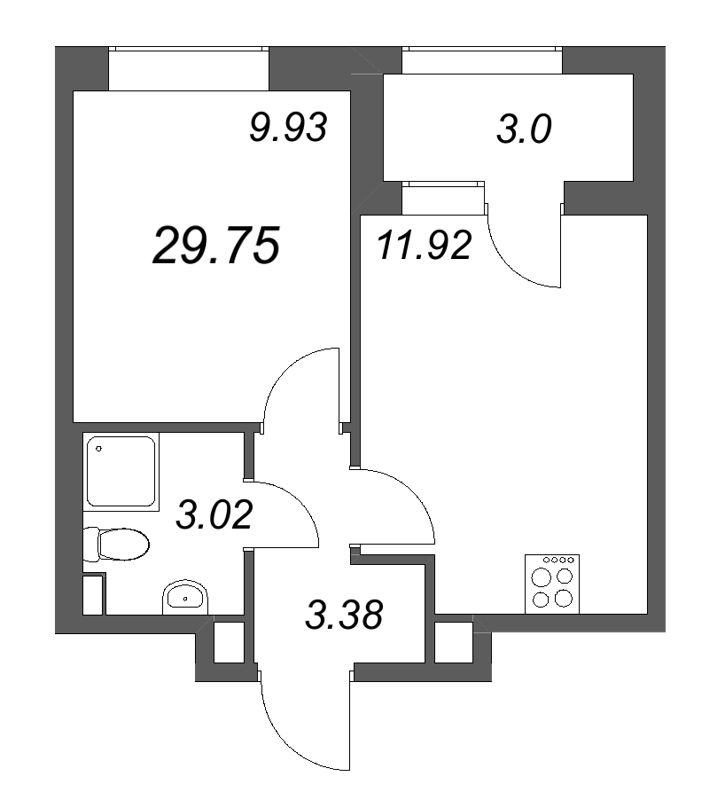 1 ккв 29,8 м²