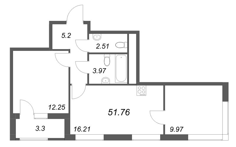 3 ккв (Евро) 51,8 м²