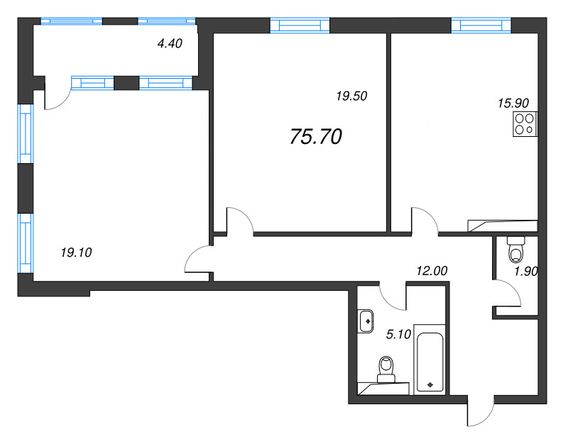 3 ккв (Евро) 75,9 м²