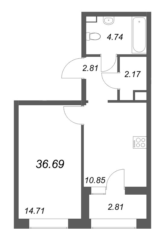 1 ккв 36,7 м²