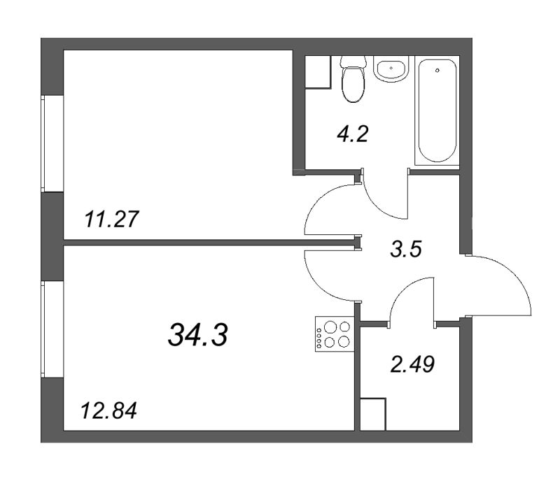 1 ккв 34,3 м²