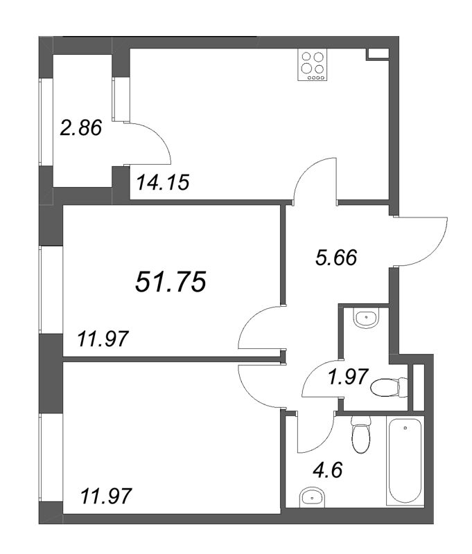 2 ккв 51,8 м²