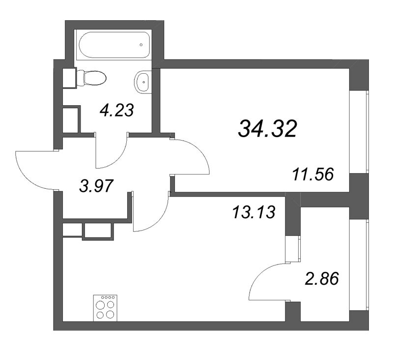 1 ккв 34,3 м²