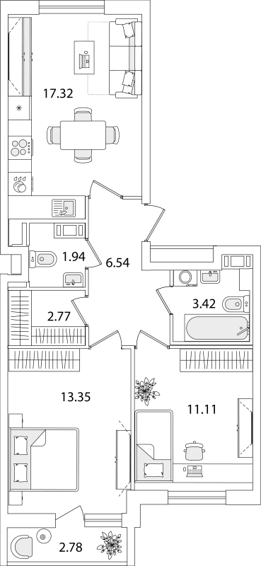 2 ккв 57,8 м²
