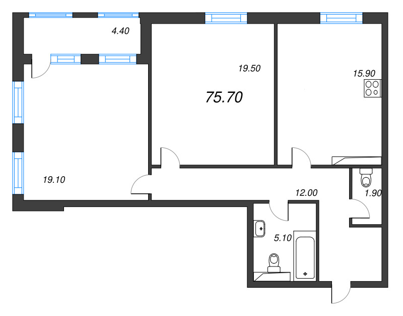 3 ккв (Евро) 75,6 м²