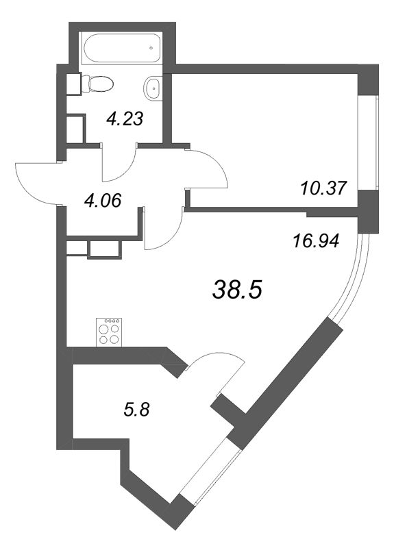 1 ккв 38,5 м²