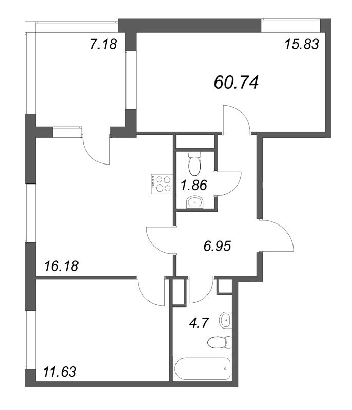 3 ккв (Евро) 60,7 м²