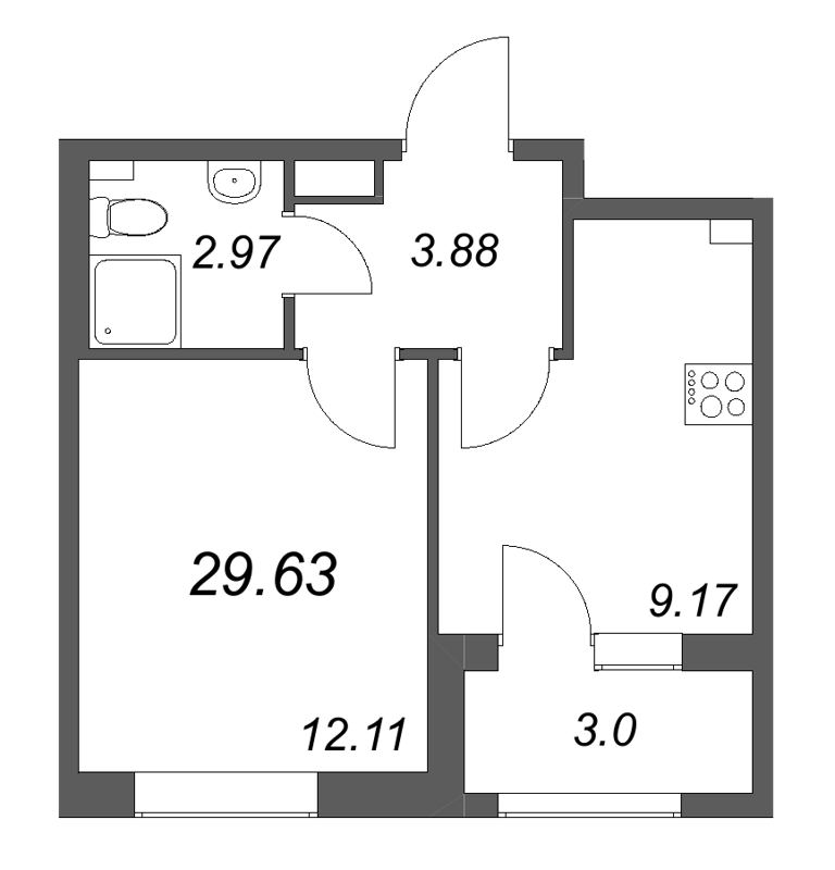 1 ккв 29,6 м²