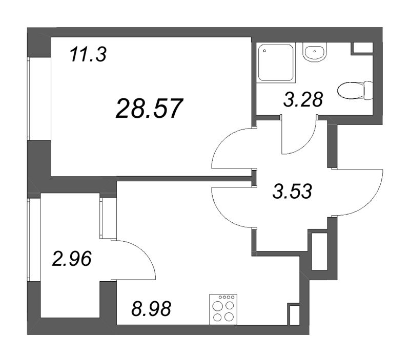 1 ккв 28,6 м²