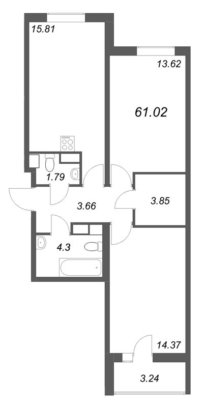 3 ккв (Евро) 61 м²