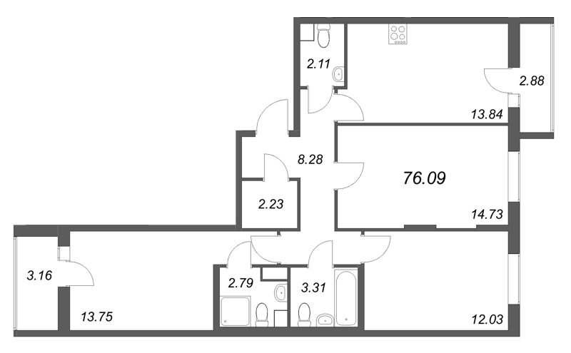 3 ккв 76,1 м²