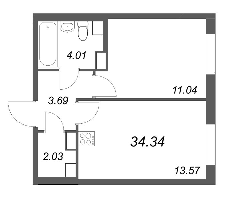 1 ккв 34,3 м²
