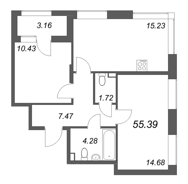 3 ккв (Евро) 55,4 м²