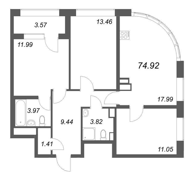 4 ккв (Евро) 74,9 м²
