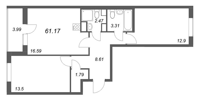 3 ккв (Евро) 61,2 м²
