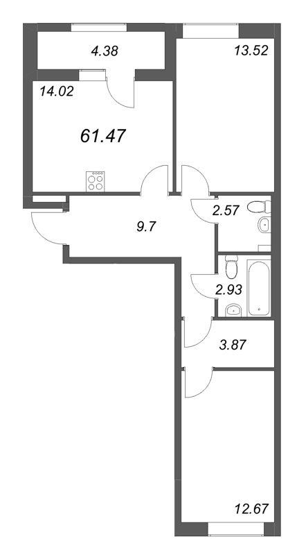 2 ккв 61,5 м²