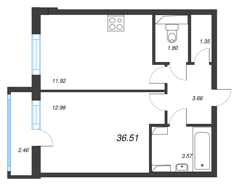 1 ккв 36,5 м²
