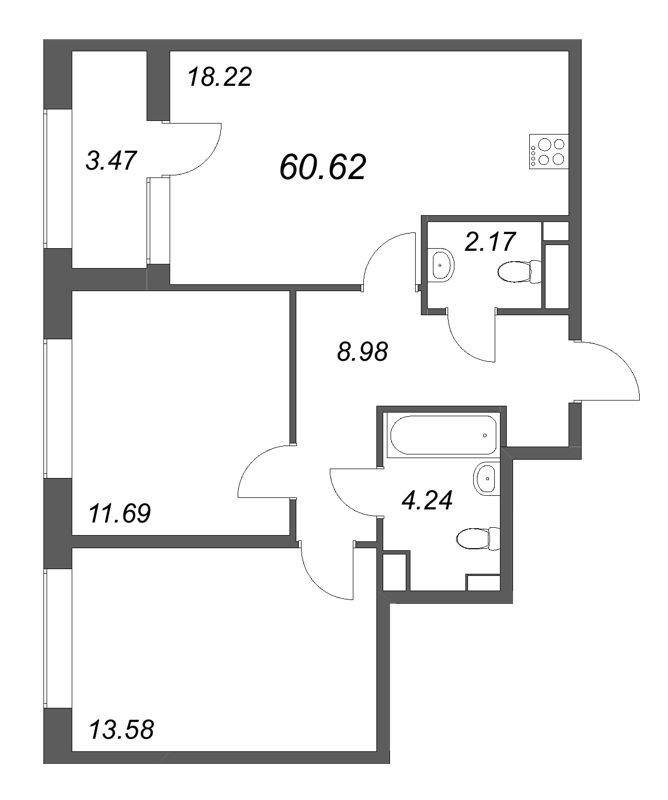3 ккв (Евро) 60,6 м²