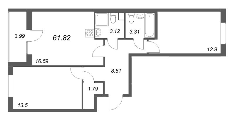 3 ккв (Евро) 61,8 м²