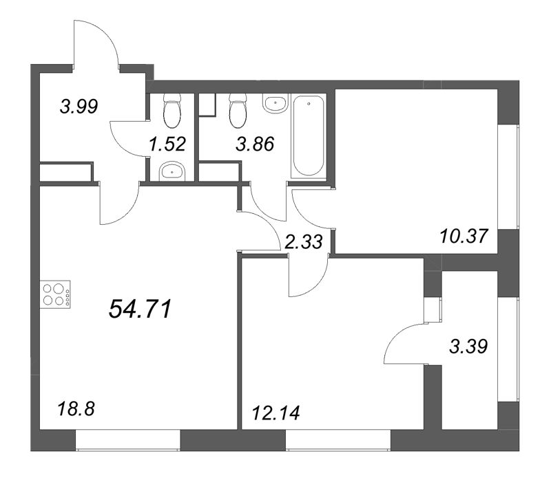 3 ккв (Евро) 54,7 м²