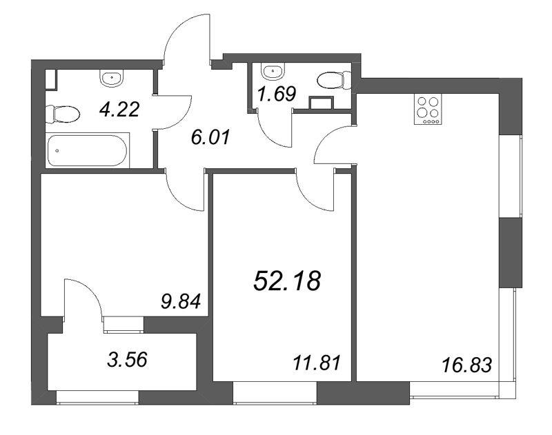 3 ккв (Евро) 52,2 м²