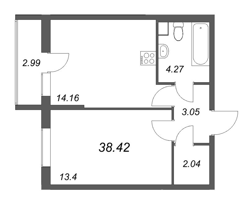 1 ккв 38,4 м²