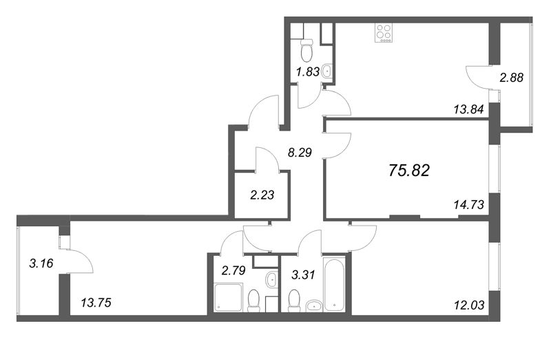 3 ккв 75,8 м²