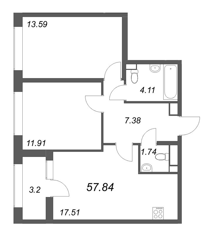 3 ккв (Евро) 57,8 м²