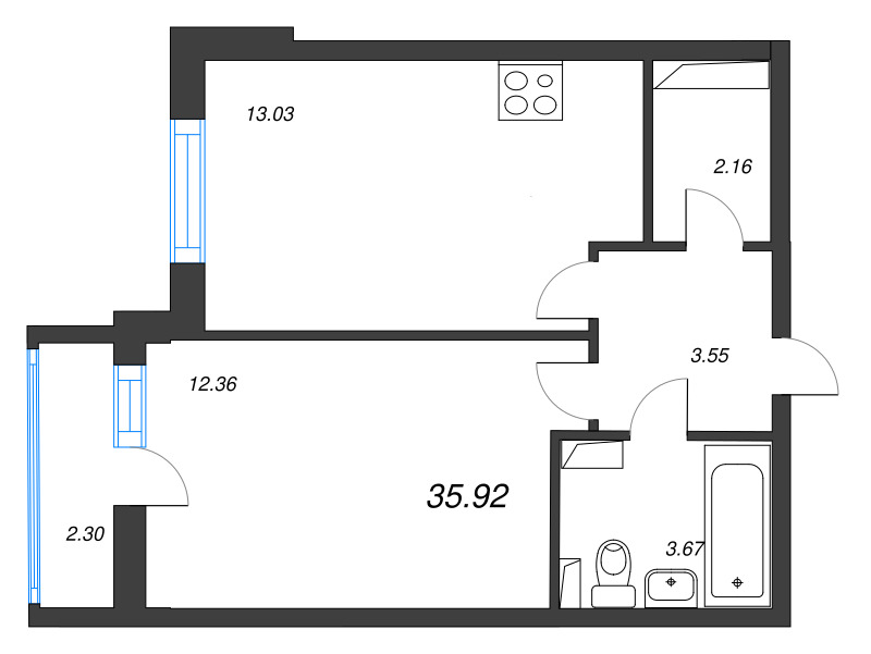 2 ккв (Евро) 35,9 м²